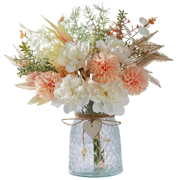 JARELING Silk Flowers with Vase Artificial Flowers Arrangement with Glass Vase Faux Rose for Decoration Table Centerpiece (Peony White Pink)