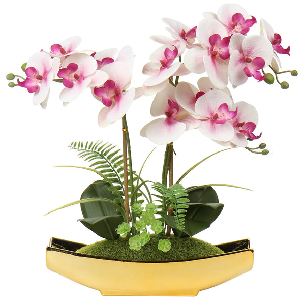 Briful Orchids Artificial Flowers 15" Light Pink Phalaenopsis Orchid with Gold Pots Real Touch Faux Orchid Plant for Home Office Living Room Table Shelf Decor