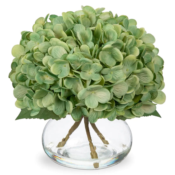 Hollyone Hydrangea Artificial Flowers with Glass Vase Dark Green Silk Faux Flowers Arrangements in Vase with Faux Water Fake Floral Bulk Bouquet for Home Decor Table Centerpiece Decorations