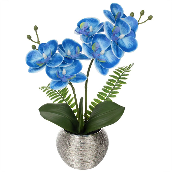 Briful Fake Orchid Flowers 13 Blue Orchids Artificial Flowers with Silver Ceramic Vase Faux Orchid for Home Office Decor Indoor