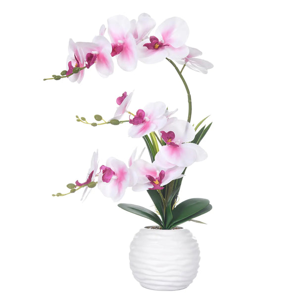 FuleHouzz Artificial Orchids in Vase Faux Real Touch Orchid Flowers in Pot Fake Phalaenopsis Potted with Ceramic Vase for Home Office Wedding Table Decoration White and Pink