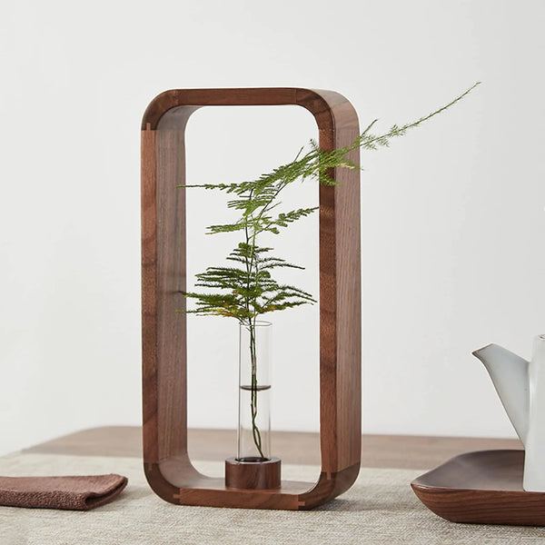 TREELF Transprent Glass Vase Test Tube Vase Hydrophilic Plants Vase Plant Holder Walnut Wooden Frame Flower Stand Table Garden Bonsai DecorGifts for Women Home Office Decor Planter (Big)
