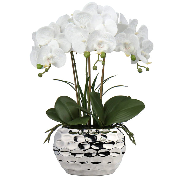 Briful Orchids Artificial Flowers 18" White Phalaenopsis Large Orchid with Silver Ceramic Pots Silk Faux Orchid Arrangement for Home Office Bathroom Living Room Table Decoration